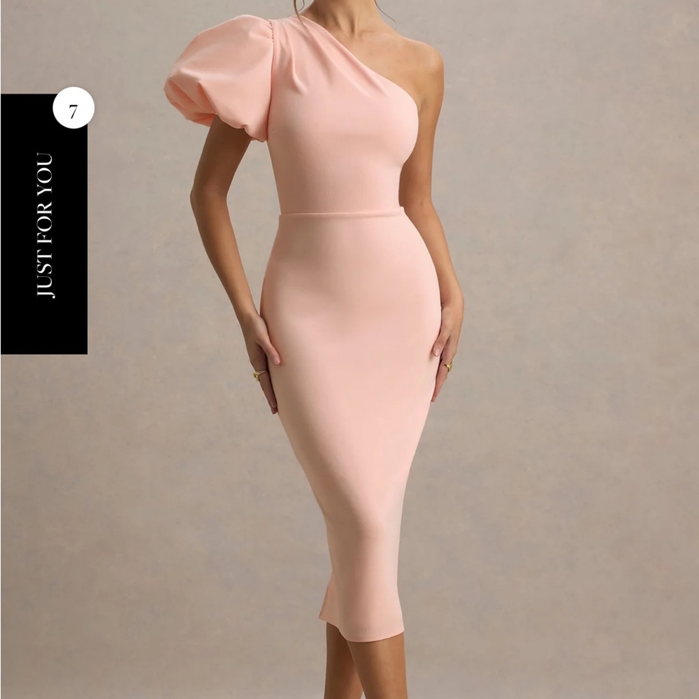 Club L London One-Shoulder Puff Sleeve Midi Dress in Blush Pink